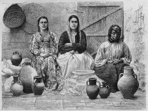 Kupcy ropy w Jerozolimie, z dzisiejszej Syrii. Podróżuje po Fenicji, Libanie i Judei. 1875-1880 Louis Charles Emile Lortet, 1884 (bw grawerowanie) autorstwa French School