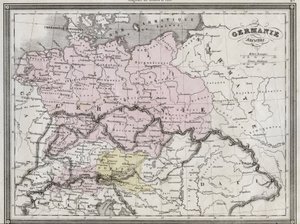 Old Germania - Płyta wydobyta z ""Uniwersalnego Atlasu Geografii Starożytnej i Współczesnej dla Szkół Mieszkaniowych"" autorstwa Vuillemina - ca. 1845 autorstwa French School