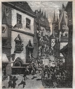 20 maja 1636 ośmiu fałszerzy zostało aresztowanych przy rue Champfleuri przez dwóch komisarzy policji w towarzystwie kilkunastu sierżantów – w „Paris a travers les siecles” Nicolasa Julesa Henri Gourdona de Genouillac (1826-1898) autorstwa French School