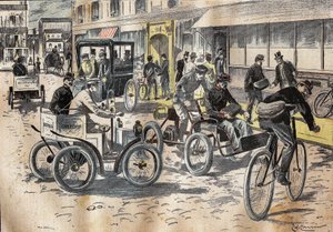 5 października 1899 podsekretarz stanu na poczcie Leon Mougeot (1857-1928) przewodniczył pierwszym testom rowerów i różnych samochodów do podnoszenia poczty w centralnym urzędzie pocztowym XII okręgu Paryża . Grawerowanie w „” Le P autorstwa French School