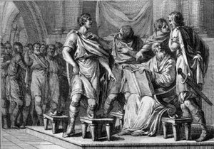 Po śmierci Clotaire (Clothaire) I, króla Franków, każdy z jego czterech synów otrzymał część królestwa. Nazywają się Caribert 1er lub Charibert (ok. 520-567), Gontran 1er (ok. 545-592), Sigebert I (535-575) i Chilperic I (ok. 539-584). Rytownictwo autorstwa French School