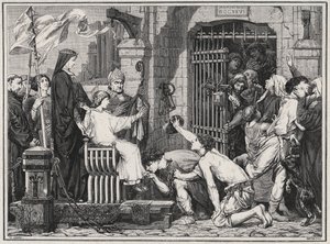 Z okazji swojej przyszłości (1227 r.) młody Ludwik IX kazał więźniom delivate - grawerowanie w „Les Hommes Celebres de la France” Ludwika Dumasa 1889 autorstwa French School