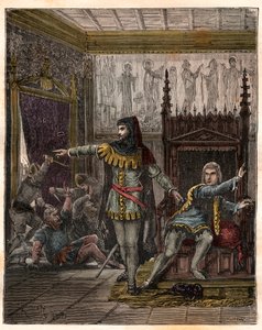Wojna stuletnia: „”Delfin Karol (wtedy Karol V) (1338-1380) (pierwszy delfin Francji) i Etienne Marcel (132/1310-1358), który zamordował dwóch ministrów (marechaux) Roberta de Clermont i Jeana de Conflans w pokoju francuskiego delfina w autorstwa French School