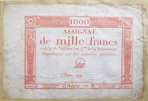 Banknot tysiąc franków, 1795 (tusz na papierze) autorstwa French School