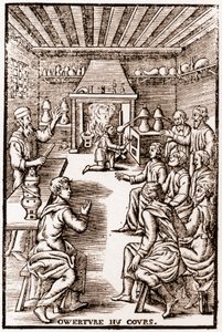 Otwarcie kursu chemii transmutacyjnej - rycina 1653 w „” LE VRAY ET METHOD COURSES DE PHYSICS RESOLUTIVE” autorstwa Annibala Barleta autorstwa French School