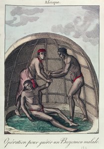 Operacja uzdrowienia chorego Buszmana, 1811 (kolorowe grawerowanie) autorstwa French School
