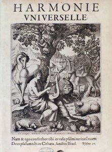 Orfeusz grający dla zwierząt. Frontispis Harmonie universelle autorstwa Marina Mersenne