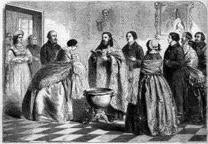 Obrządek prawosławny - chrzest: ceremonia chrztu według obrządku greckiego w społeczeństwie górnorosyjskim w 1858 r. Dziecko jest obecne u papieża przez matkę chrzestną przed zanurzeniem w baptysterium. Grawerowanie w „”Le Monde Illustré””n°81 z 30 paździe autorstwa French School