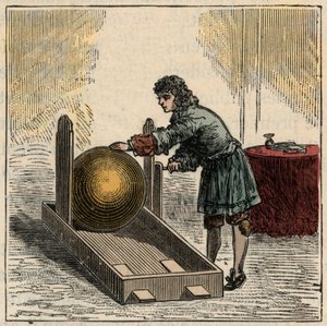 Otto von Guericke (1602-1686), niemiecki fizyk, obsługujący pierwszy generator elektryczności statycznej - Maszyny statyczne: Otto von Guericke (Otto de Guericke autorstwa French School