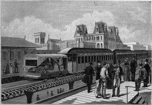 Przegląd stacji kolejowej Elevated Railroad i pociągu elektrycznego w Nowym Jorku, USA. Grawer w „” La Nature. Revue des sciences et de ses applications aux arts et a l