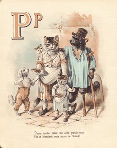 P: Szczenię, bieda Biedna rodzina! Niestety! Na tej głównej drodze idzie żebrać; ale nikt jej nie słucha. autorstwa French School