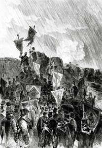 Pacyfistyczna demonstracja na fortyfikacjach dokonana przez masonów 28 kwietnia 1870 r., żądająca zaprzestania bombardowania Paryża, z Le Monde Illustré, 5 maja 1870 r. autorstwa French School