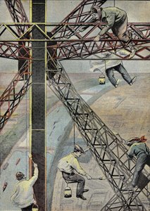 Malarze przy pracy, zawieszeni 200 metrów nad Paryżem, malowali Wieżę Eiffla w 1899 r. Grawer w „Le Pelerin” 16.07.1899. autorstwa French School