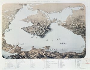 Panoramiczny widok i plan Sewastopola i wybrzeża Morza Czarnego w czasie wojny krymskiej, 1855 autorstwa French School