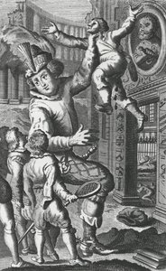 Pantagruel chwytający Limousin za gardło, ilustracja z „Gargantua i Pantagruel”, autorstwa François Rabelais (rycina) autorstwa French School