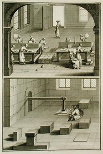Wytwarzanie papieru, z „Encyklopedii” Denisa Diderota (1713-84), opublikowanej ok. 1770 (rycina) (patrz także 172398) autorstwa French School