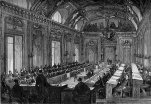 Paryż, 4 sierpnia 1871: pierwsze posiedzenie rady miejskiej w sali tronowej Palais du Luxembourg. Grawer w „”Le Monde Illustré”” nr 748 z dnia 12 sierpnia 1871 r. autorstwa French School