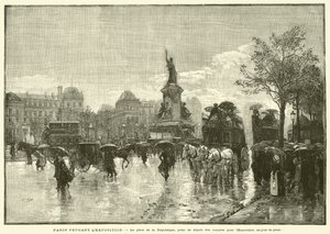 Paryż podczas wystawy, Place de la Republique, punkt odjazdu samochodów na wystawę, w deszczowy dzień (grawerowanie) autorstwa French School