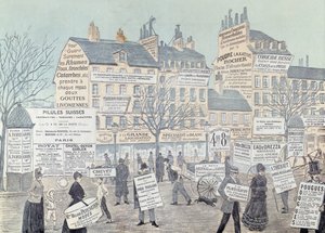 Paryska Scena Uliczna z licznymi reklamami, głównie leków, 1885 (kolor grawerowany) autorstwa French School