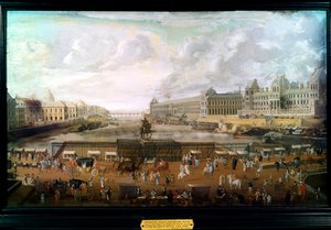 Paryż, Widok na Pont-neuf (Pont Neuf), Pałac Luwru i Kolegium Czterech Narodów ok. 1680 r. (olej na płótnie) autorstwa French School