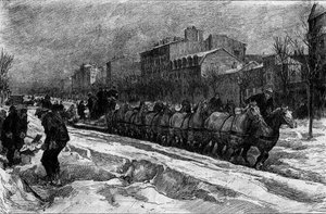 Paryż pod śniegiem, zima 1879-1880: pług lodowy (polowanie na śnieg) Boulevard Montparnasse. Grawerowanie w „”Le Monde Illustré””n°1188 z 3 stycznia autorstwa French School