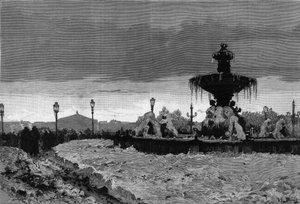 Paryż pod śniegiem, zima 1879-1880: widok jednej z fontann Place de la Concorde podczas mrozu. Grawerowanie autorstwa Scotta w „”The Illustrous World””n°1188 z 3 stycznia autorstwa French School