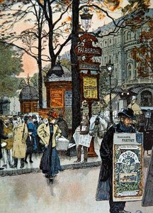 Paryska scena uliczna w pobliżu stacji metra Palais-Royal, ok. 1900 (kolor lito) autorstwa French School