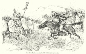 Kawaleria Partów atakująca rzymskich legionistów (rycina) autorstwa French School