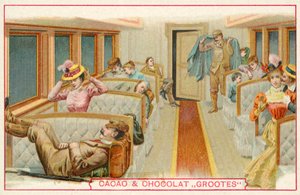 Pasażerowie w wagonie kolejowym (chromolitho) autorstwa French School