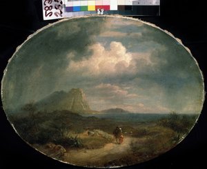 ""Włoski krajobraz"" Nadmorski krajobraz podczas sztormowej pogody z parą spacerującą po drodze. Malarstwo szkoły francuskiej z początku XIX wieku. Muzeum Sztuki Michaiła Kroszyckiego, Sewastopol (Sewastopol) Ukraina autorstwa French School