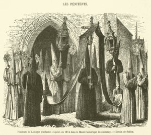 Pokutnicy z Limoges, kostiumy wystawione w 1874 r. w Muzeum Kostiumów Historycznych (grafika) autorstwa French School