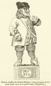Perkeo, błazen Karola Filipa, groteskowa statua z malowanego drewna naprzeciw wielkiej tony Heidelbergu (rycina) autorstwa French School