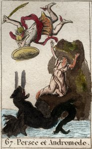 Reprezentacja Persee przybywająca na ratunek Andromede enchainee a un rock (Perseusz uratował Andromedę przykutą do skały) Z „Mythologie de la jeunesse” Pierre Blancharda 1803. autorstwa French School