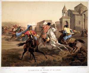 Perska i kurdyjska potyczka w Armenii - litografia autorstwa French School