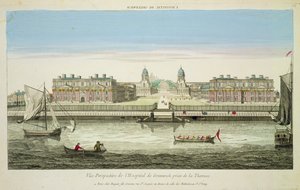 Widok perspektywiczny szpitala Greenwich nad Tamizą, grawerowany przez Huquier (kolorowy grawerunek) autorstwa French School