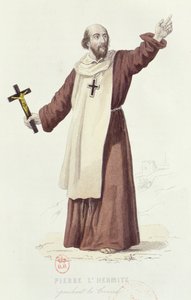Piotr Pustelnik (ok. 1050-1115) głoszący pierwszą krucjatę w 1095, ok. 1840 (kolorowe grawerowanie) autorstwa French School