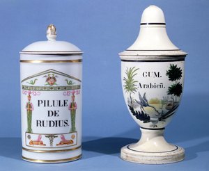 Słoiki farmaceutyczne na Pilule de Radium i Guma Arabska (fajans) autorstwa French School