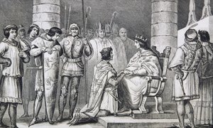 فیلیپ VI (1293-1350) ډی ویلیس د انګلستان اډوارډ III (1312-77) ته درناوی وړاندې کوي مګر یوازې د ډیوک آف اکویټین په توګه، د کولارټ لخوا د "هیسټویر ډی فرانس" څخه، په 1840 کې خپور شوی. autorstwa French School