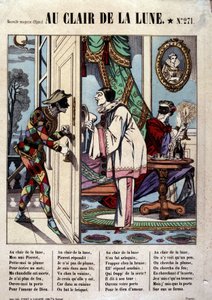 Pierrot, Arlekin i sąsiad, chory. utworu „Au clair de la lune”, wizerunek Epinal autorstwa French School