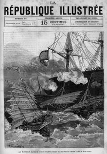 Piractwo: okręt wojenny Annamite „La Magune” zaatakowany przez chińskich piratów. Gazeta. Rycina z 1880 r. w prywatnej kolekcji „La republique illustree”. autorstwa French School