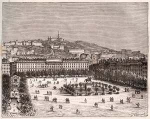 Place Bellecour lub Place Louis-le-Grand - największy plac w Lyonie - rycina w „La France illustrée: geografia, historia, administracja statystyczna” autorstwa V.-A. Słodowy Brąz. 1884 autorstwa French School