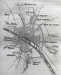 Mapa Paryża pod panowaniem Henryka III (1580) Grawerowanie w „”Fizycznej, obywatelskiej i moralnej historii Paryża: od najwcześniejszych czasów historycznych do współczesności”” Jacques Antoine Dulaure autorstwa French School