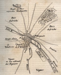 Plan Paryża pod rządami Merowingów - Grawerowanie w „”Fizycznej, obywatelskiej i moralnej historii Paryża: od najwcześniejszych czasów historycznych do współczesności” Jacques Antoine Dulaure autorstwa French School