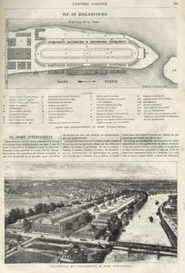 Plan założenia Międzynarodowego Sportu, który musi powstać na wyspie Billancourt w 1869 r. - ogólny widok na międzynarodowego sportu na wyspie Billancourt w 1869 r. autorstwa French School