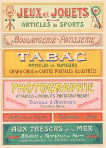 Tabliczka nr 20: Modele oznakowania dla malarza liter w stylu Art Nouveau (Gry i zabawki, Piekarnia-Patisserie, Tytoń, Fotografia). autorstwa French School
