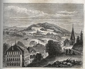 Plombieres-les-Bains (Plombieres les Bains) uzdrowisko termalne Wogezów - grawer w „La France illustree: geografia, historia, administracja statystyczna” V.A. Słodowo-Brązowy. 1884 autorstwa French School