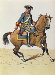Policjant z ok. 1750 na koniu, XIX w. (kolorowe grawerowanie)