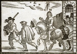 Broszury polityczne Mazarinade: Mazarin ucieka konno z Paryża w środku nocy, poprzedzony dwoma lokajami niosącymi latarnie. Grawerowane drewno 1651 autorstwa French School