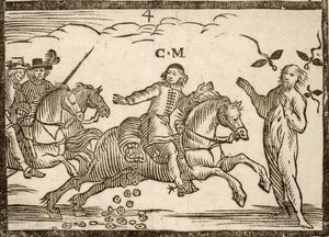Broszury polityczne Mazarinade: Mazarin w swoim locie spada ecu: cień Concini, marszałka Anchor, stoi przed nim. Grawerowane drewno 1651. autorstwa French School