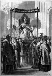 Papież Pius IX (1792-1878) prowadzi procesję do kościoła św. Piotra w Rzymie (Włochy) w Niedzielę Palmową w 1861 roku. Grawer „”Le Monde Illustré” n°209 z 13 kwietnia 1861. autorstwa French School